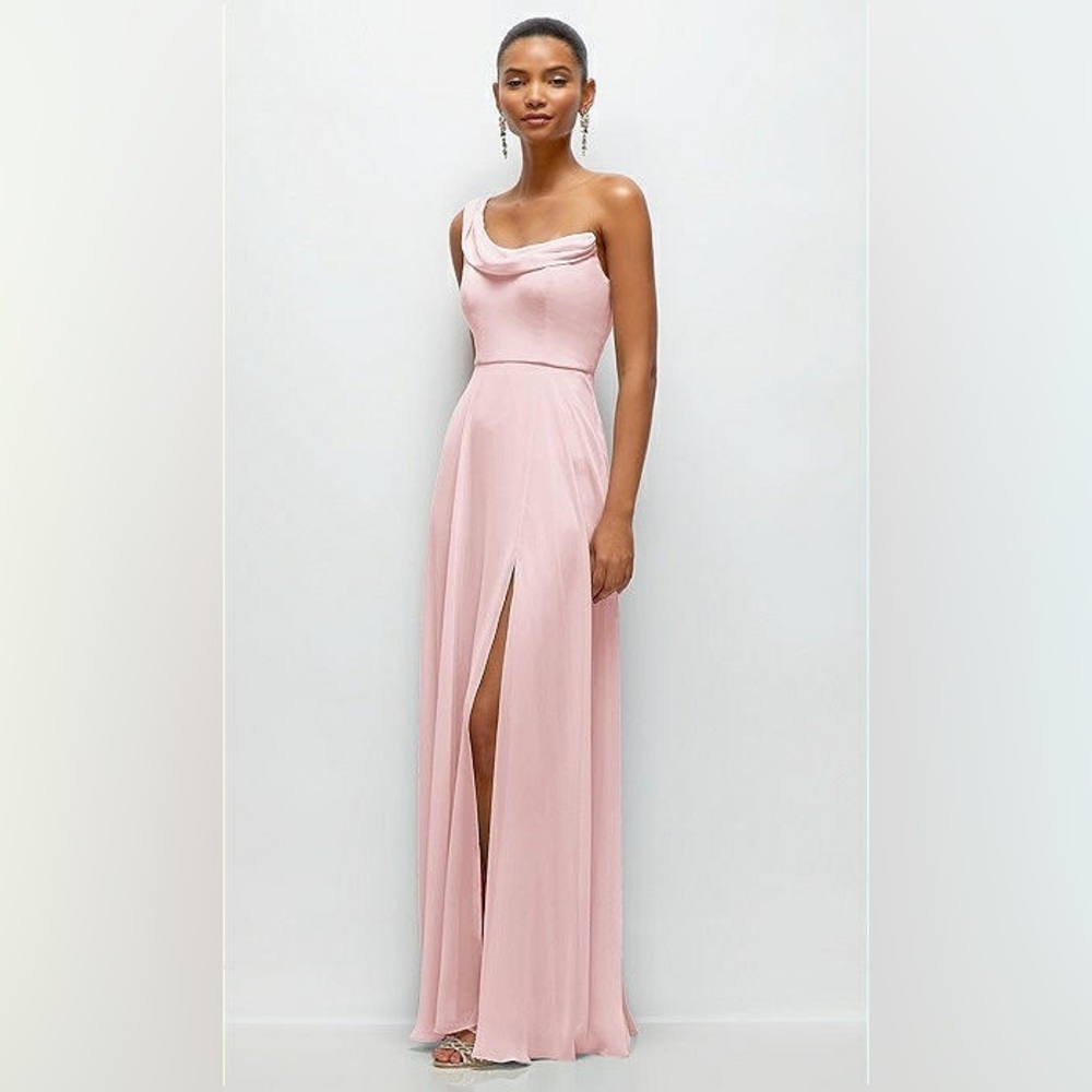 New Thread CHIFFON ONE SHOULDER MAXI DRESS DRAPED COWL NECKLINE BALLET PINK 2R - Picture 3 of 3